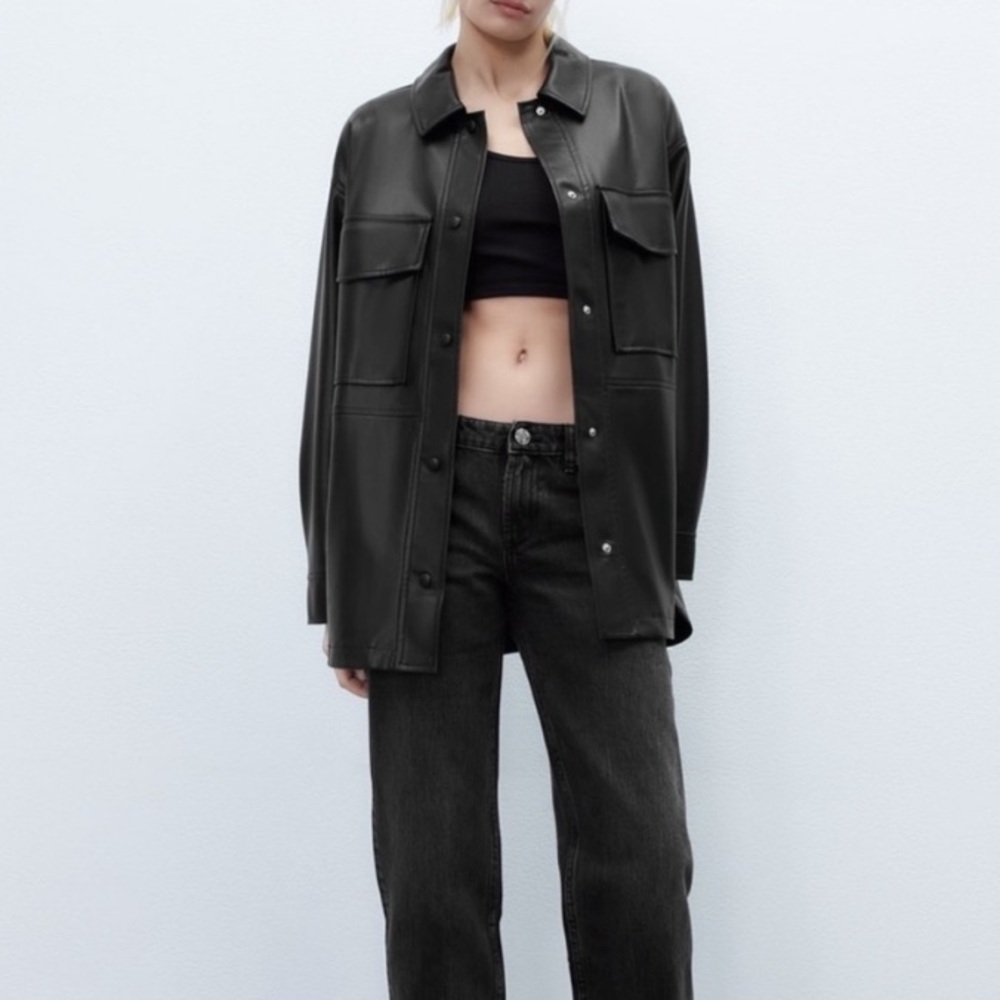 Zara Black Leather Shirt Jacket